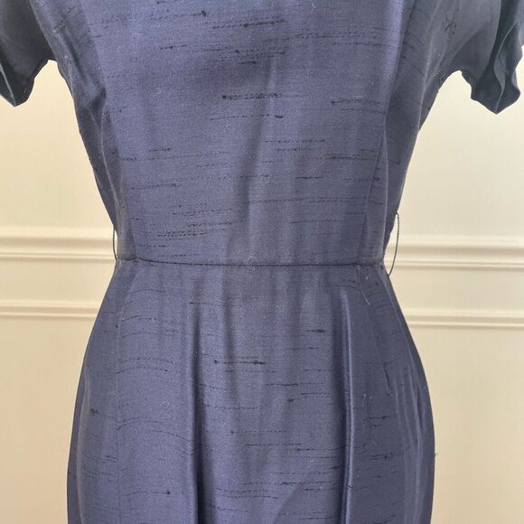 Vintage Mix & Match Dark Blue Sheath Dress Long Blazer Ivory Trim XS - Picture 10 of 13